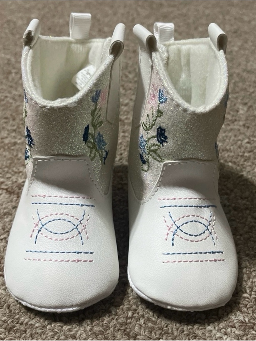White Glitter Pink & Blue Floral Baby Cowboy Boots 3-6 Months